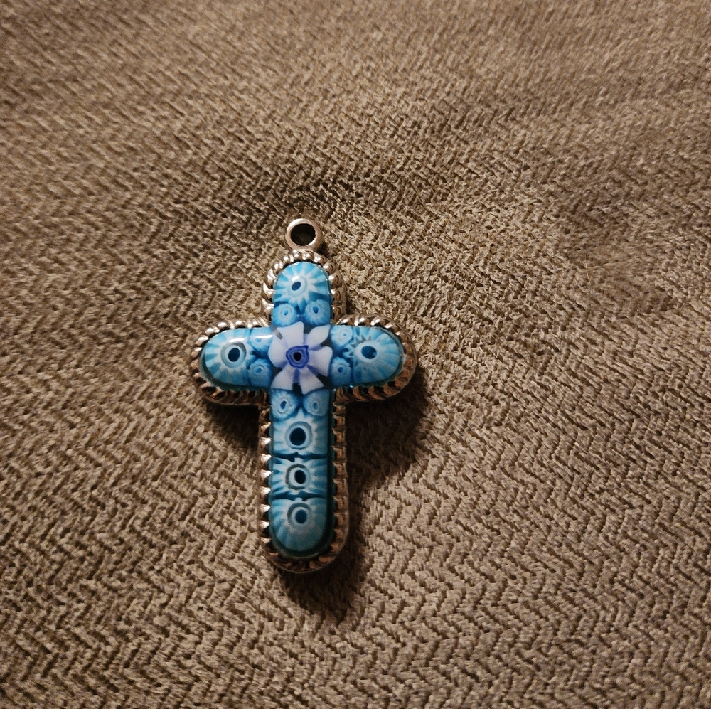 Blue Mosaic Murano Glass Cross Pendant